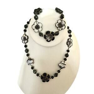 Czech Art Glass Floral Black & White Hand Beaded Necklace & Bracelet Set GF NWT
